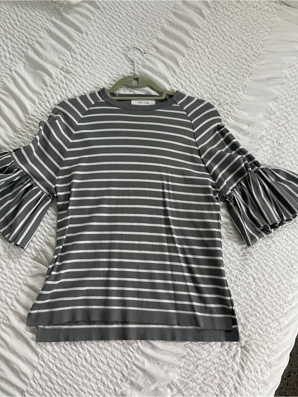 John + Jenn Gray and White Striped Ruffle Sleeve Tee